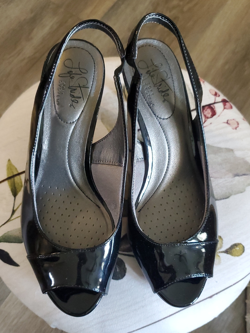 Life Stride Black Patent Peep-Toe Slingback Heels, 7.5 M